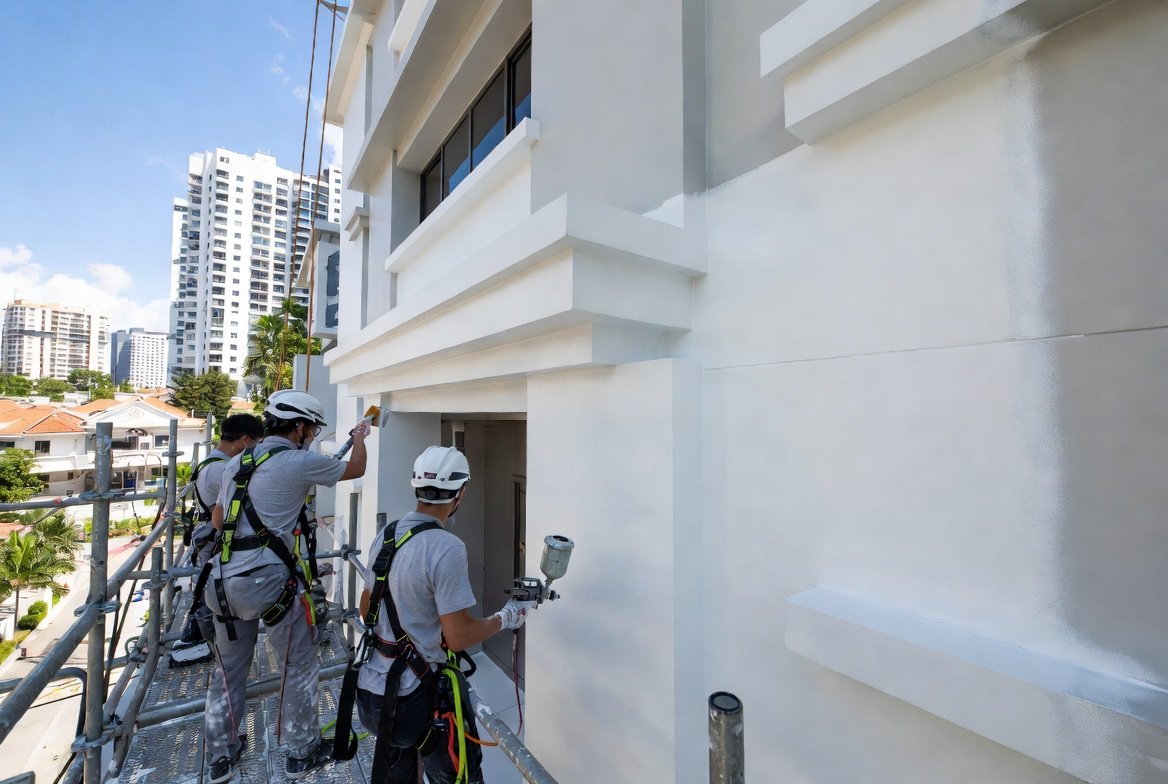 Exterior facade painting on Singapore commercial building or landed property